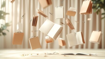 Poster - A floating set of binder clips in various sizes softly suspended on a white beige gradient backdrop creating a minimal organized and professional concept for office or business design