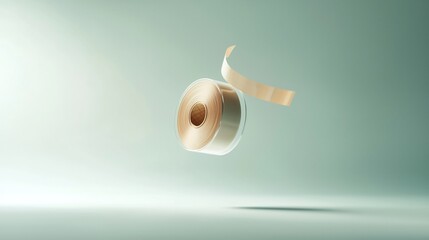 Poster - A floating roll of transparent tape gently suspended against a clean white surface creating a minimalist and elegant composition with reflections and a sense of weightlessness