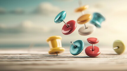Poster - Elegant floating set of vibrant push pins gently shadowed against a soothing gray beige gradient backdrop  Minimalist modern design with a simple yet striking visual composition