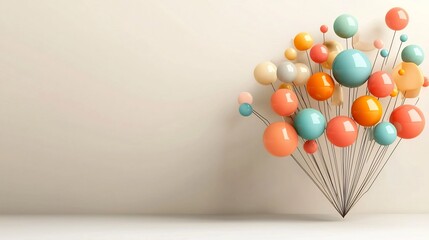 Poster - Ethereal and minimalist image of a set of vibrant colorful push pins softly floating against a muted gray beige gradient backdrop creating a modern and elegant studio inspired composition