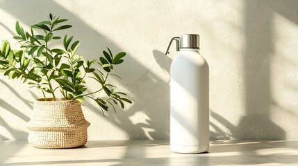Poster - A visually captivating image showcasing a floating water bottle with a sleek school friendly design casting soft shadows against a clean minimalist backdrop