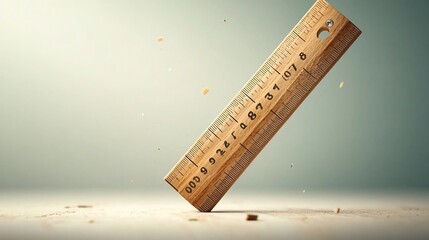 Poster - Minimalist floating wooden ruler with clear dimensional markings suspended against a neutral white background  Precise measurement tool for office school or engineering design concepts