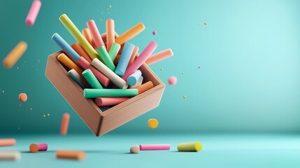 Poster - Floating chalk box with neatly arranged colorful chalk sticks against a clean and minimalist background showcasing a creative and modern still life composition