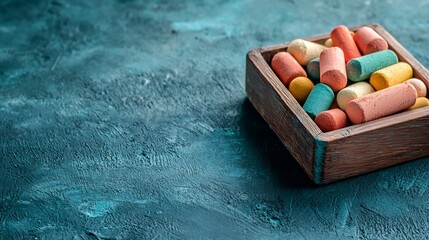Poster - Floating chalk box with an assortment of colorful chalk sticks neatly arranged against a clean minimalist background
