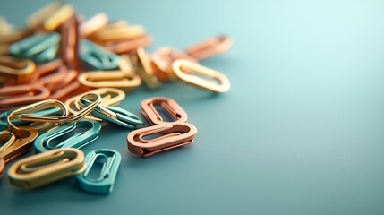 Poster - A serene and minimalist still life image featuring a set of metallic paperclips in various shades of chrome silver and gold softly suspended and shadowed against a neutral backdrop creating a clean