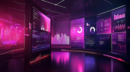 Poster - Futuristic data center with glowing screens displaying graphs, charts, and financial data.