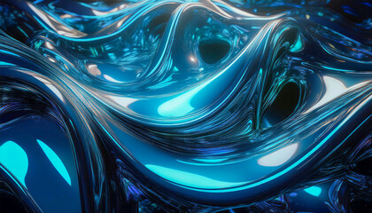 Leinwandbilder - Fluid shape abstract background and blue metallic reflections.Generative AI
