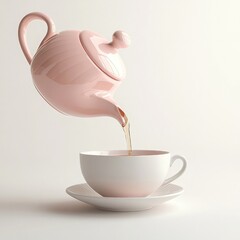 Aufkleber - A Pink teapot pouring tea into a white cup, isolated on a white background, with a white and gray color palette