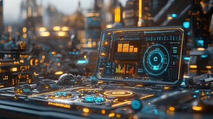 Poster - Futuristic control panel with holographic display in a cyberpunk city.