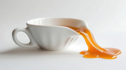 Poster - A white coffee cup with tea pouring out of it, isolated on a white background