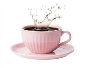 Poster - Black coffee splashing out of a pink cup, isolated on a white background