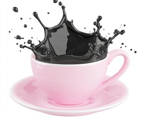 Aufkleber - Black coffee splashing out of a pink cup, isolated on a white background