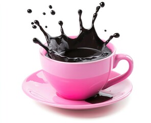 Aufkleber - Black coffee splashing out of a pink cup, isolated on a white background