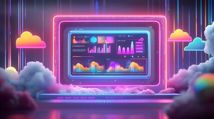 Poster - Neon laptop displaying vibrant data analytics charts and graphs in a cloud computing environment.
