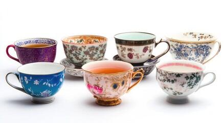 Poster - A array of elegant teacups in various colors, each with unique patterns or designs on the bowl, handle, feet, and cup edge. Isolate these cups against a white background