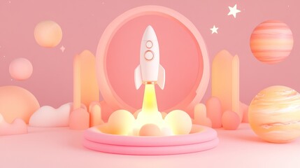 Wall Mural - pink rocket launches in a stylized, celestial, 3d space scene.