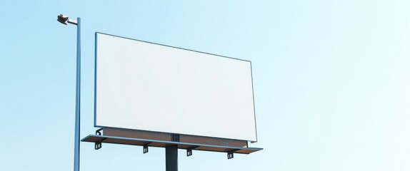 outdoor setting, clear blue sky, white billboard, black metal pole, two black streetlights on top of the billboard, no text or images on the billboard, simple and minim