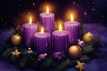 Four lit purple candles arranged in a circular Advent wreath, adorned with golden Christmas ornaments and set against a soft, starry night background.