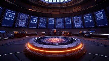 Poster - A futuristic control room with glowing screens and a circular interface at the center, illuminated by vibrant lights.