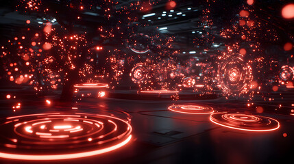 Aufkleber - A futuristic scene with glowing red orbs and circular patterns against a dark background, creating a vibrant, sci-fi atmosphere