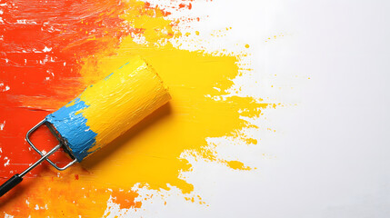 Aufkleber - A vibrant paint roller rests on a canvas of splattered yellow and orange paint, showcasing creativity and artistic expression