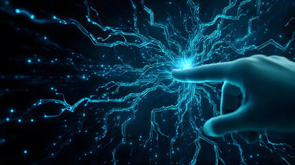 Aufkleber - A glowing hand reaches towards an electric blue energy burst, symbolizing connection and innovation in a digital universe