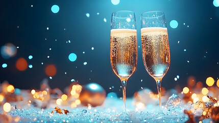 Poster - Two elegant champagne glasses filled with bubbly drink, set against a sparkling, festive background, perfect for celebrations and toasting