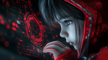 Aufkleber - A futuristic portrait of a girl in a red hood, interacting with a glowing digital interface, showcasing a blend of technology and emotion