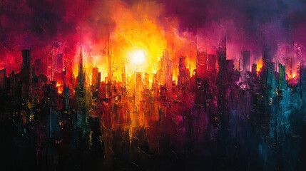 Wall Mural - Fiery sunset over a textured cityscape.