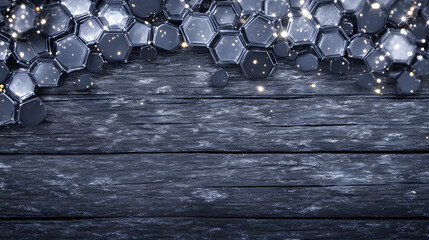 Poster - A dark wooden surface with a shimmering hexagonal pattern above, creating a striking contrast between texture and light