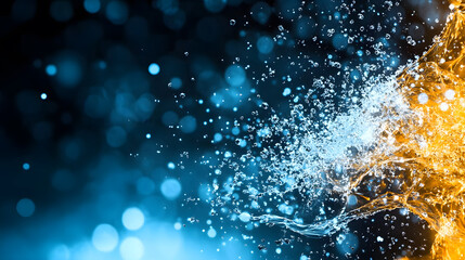 Poster - The image features a dynamic splash of blue and gold liquid, creating a striking contrast against a blurred background of shimmering bokeh