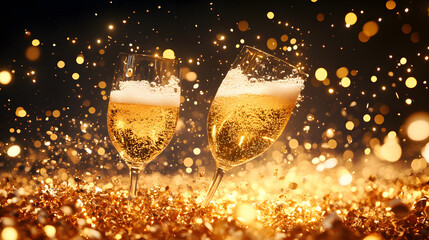 Poster - Two glasses of sparkling champagne toast amidst a shower of golden bubbles, creating a festive and celebratory atmosphere