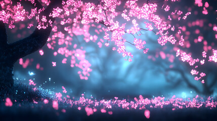 Poster - A serene scene featuring pink blossoms under a mystical blue light, creating an enchanting atmosphere of tranquility and beauty