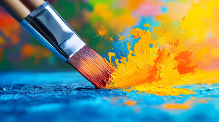 Poster - A vibrant paintbrush splashes yellow color onto a textured blue surface, showcasing an artistic and dynamic creative process