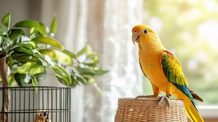 Poster - A professional photograph showcasing a small parrot gracefully perched on a contemporary minimalist cage in a bright clean room setting