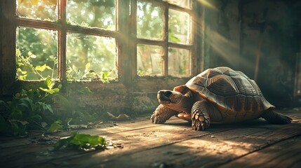 Poster - serene and slow paced tortoise wandering on wooden floors near bright window lighting offering a pea