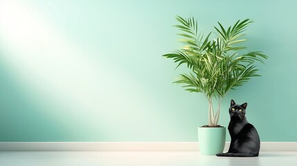 Poster - sleek black cat resting calmly near a lush indoor plant against a bright minimalist background with 
