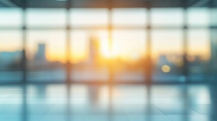 Poster - Blurred view of city at sunset through windows.