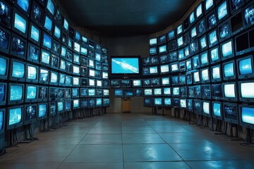 Poster - Numerous screens display data in a dark room. Illustrates surveillance, data analysis, or overwhelming information.