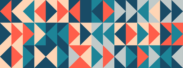 Poster - Bright triangle seamless pattern. Abstract geometric mid century background. Colorful Swiss modernist or postmodernist style wallpaper. Vector modular repeating overlay. Colorful mural backdrop 