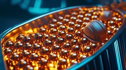 Poster - A close-up view of metallic spheres arranged in an intricate pattern, highlighted by an orange glow, suggesting a futuristic or artistic design.