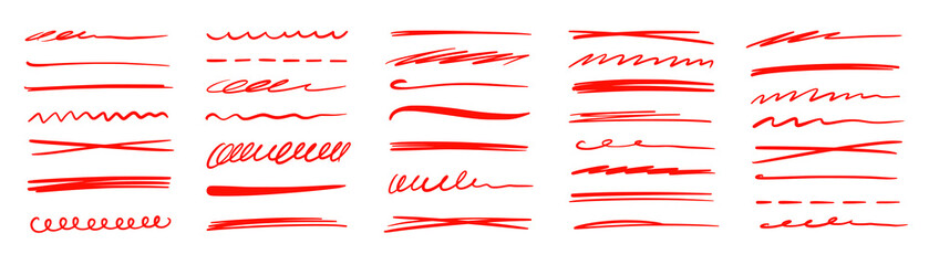 Poster - Red marker underline brush stroke set. Marker red pen highlights squiggle stroke. Vector swoosh brush handwritten underline set for accent, pencil emphasis element. Vector illustration