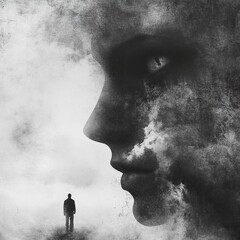 Canvas Print - Surreal Monochrome Portrait: A Solitary Figure and a Mysterious Face