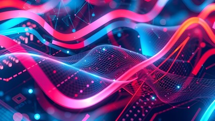 Poster - Glowing Abstract Wave Pattern with Bright Blue Lines