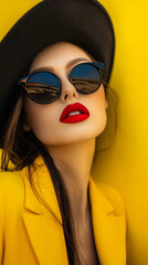 Wall Mural - woman wearing power suite hat black sunglasses standing in front of yellow wall background fashion photography social media post vertical mobile marketing branding backdrop bold colors luxury model