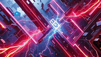 Fototapete - Abstract Digital Technology Network with Fractal Patterns and Data Flow