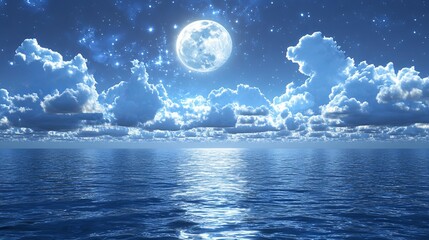 Wall Mural - Romantic full moon illuminating starry sky with clouds reflecting on sparkling blue water