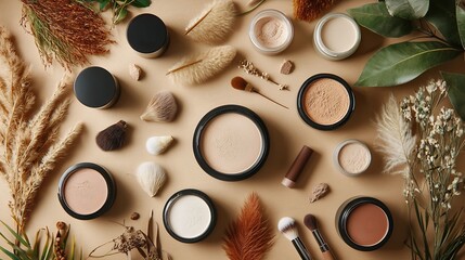 Poster - Beautifully Crafted Makeup Setting Powder Jars Surrounded by Soft Delicate Natural Feathers in a Clean Minimalist Flat Lay Composition