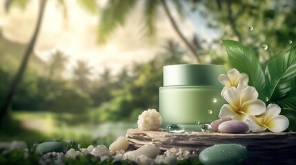 Poster - A clean and elegant image of spa inspired cosmetic jars with natural stones and water droplets showcasing a tranquil relaxing and luxurious beauty and skincare concept