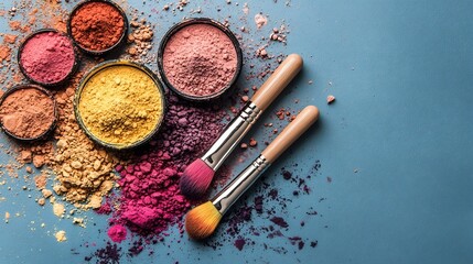 Poster - Visually Balanced Composition of Shimmering Loose Pigment Powders Spilled and Dispersed on an Elegant Modern Background Creating a Vibrant Colorful and Dynamic Visual Texture